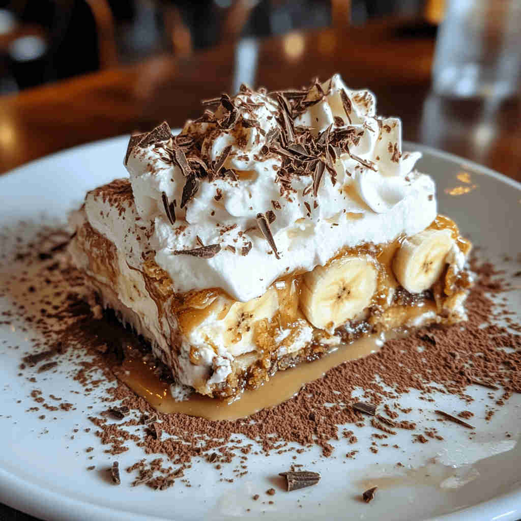 Banoffee pie with whipped cream and chocolate shavings.