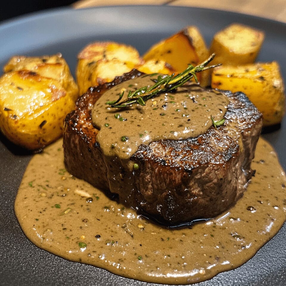 Juicy steak with peppercorn sauce and roasted potatoes